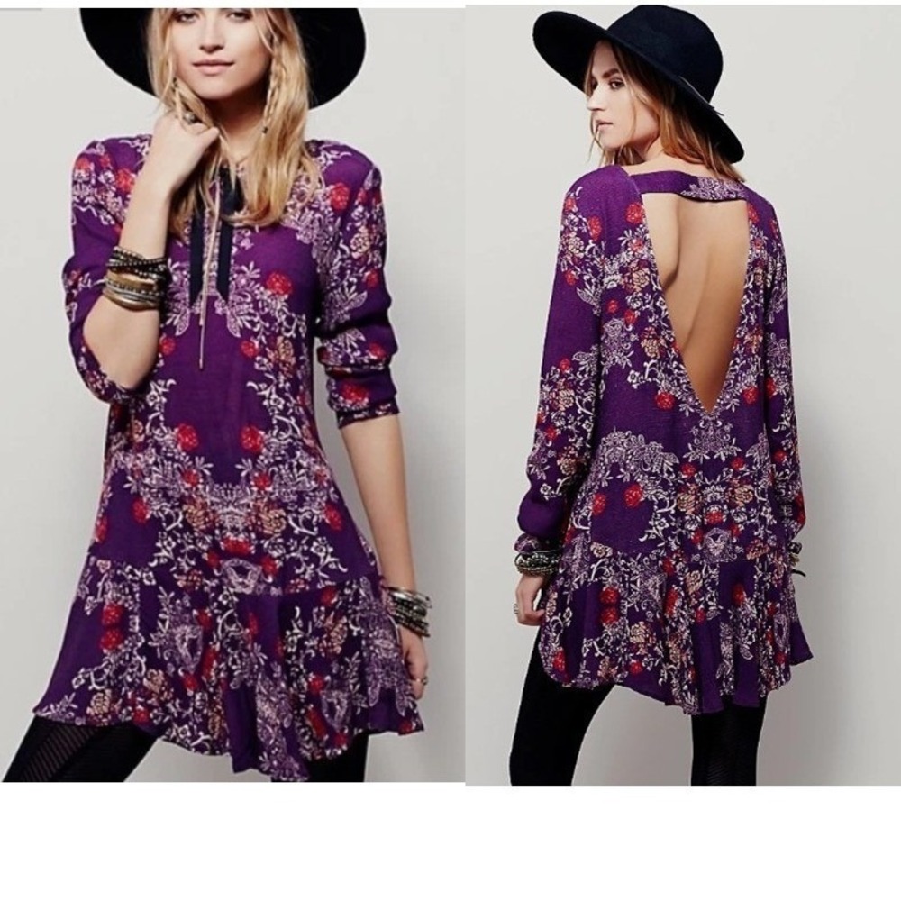 Free People Purple Smooth Talker Floral  Boho Mini Dress Tunic Medium Festival